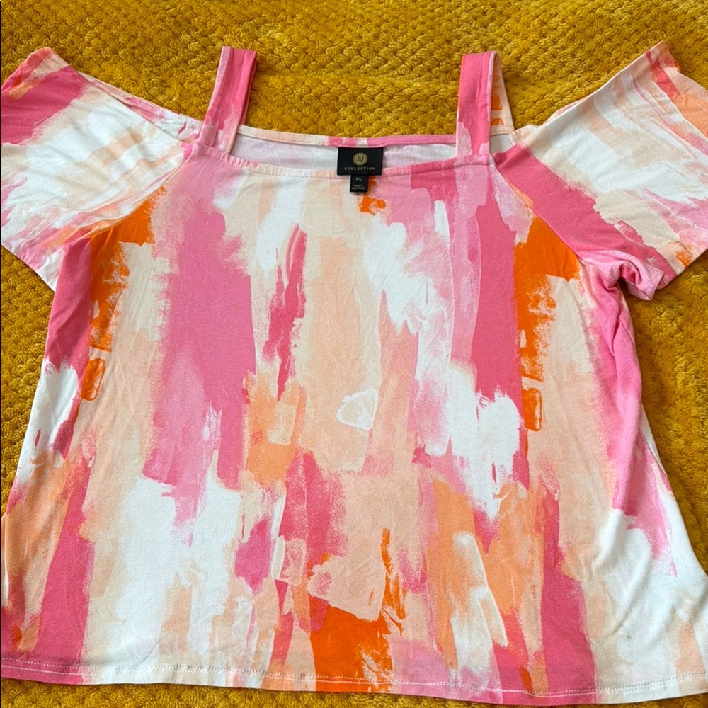JM Collection Vibrant Pink and Orange Cold-Shoulder Blouse